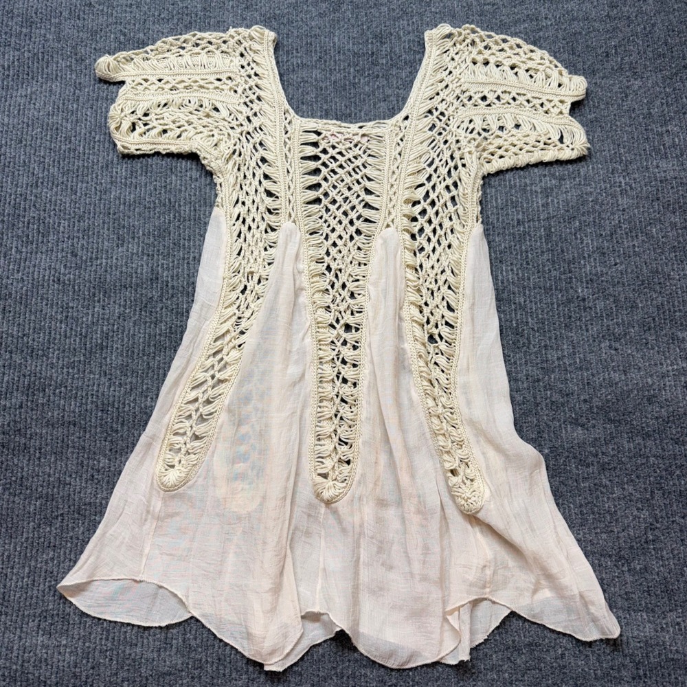 Beige Crochet Mini Dress Cover Up S/M Boho Swim Vacation Beach Paradise USA